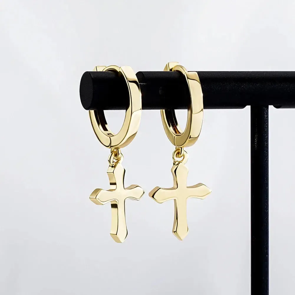 Polished Cross Hoop Earrings in Yellow Gold