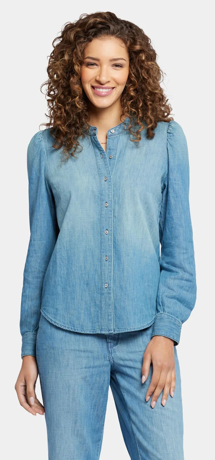 Puff Sleeve Denim Shirt Mediumblauw | Crown