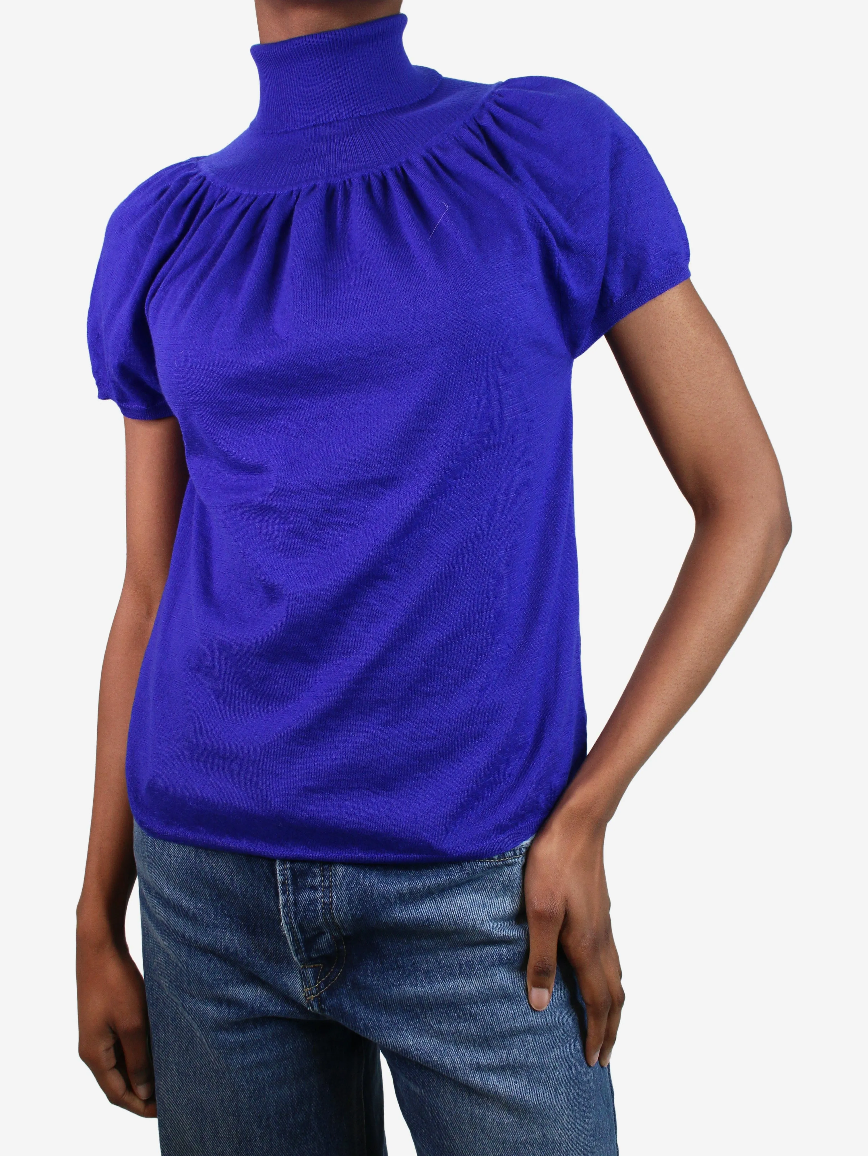 Purple high-neck puff sleeve top - size UK 8