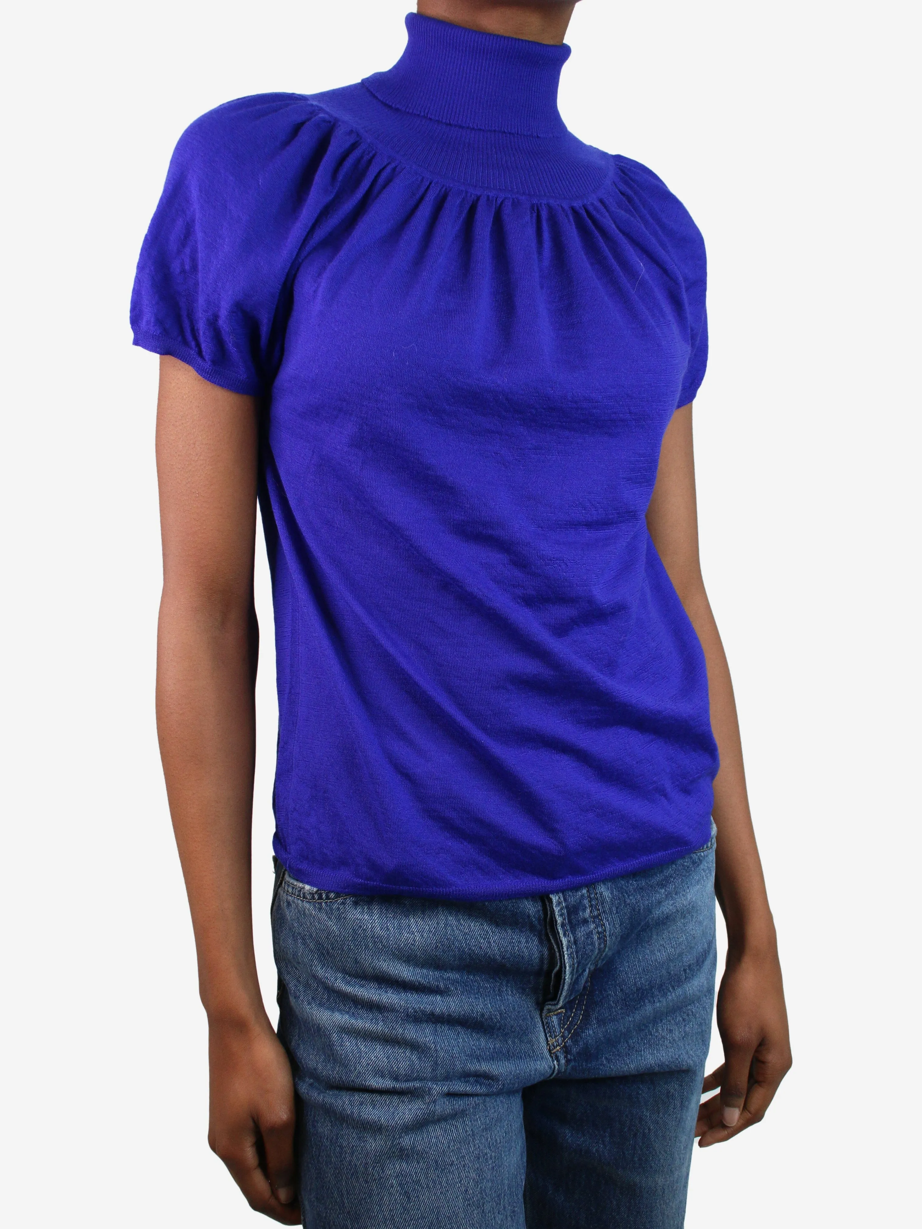 Purple high-neck puff sleeve top - size UK 8