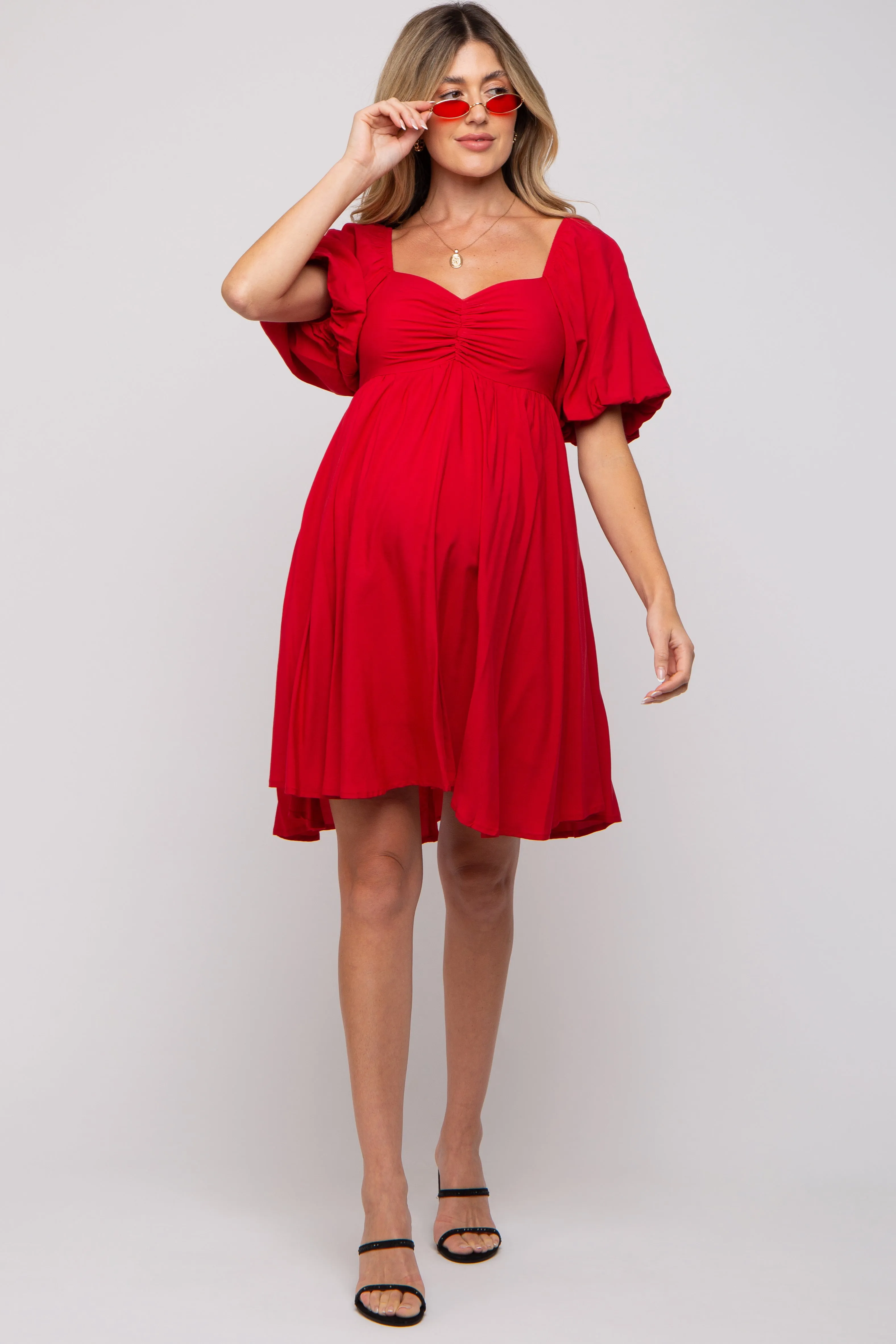 Red Puff Sleeve Maternity Dress