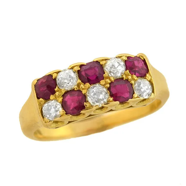 Retro 14kt Gold Alternating Ruby Diamond Ring