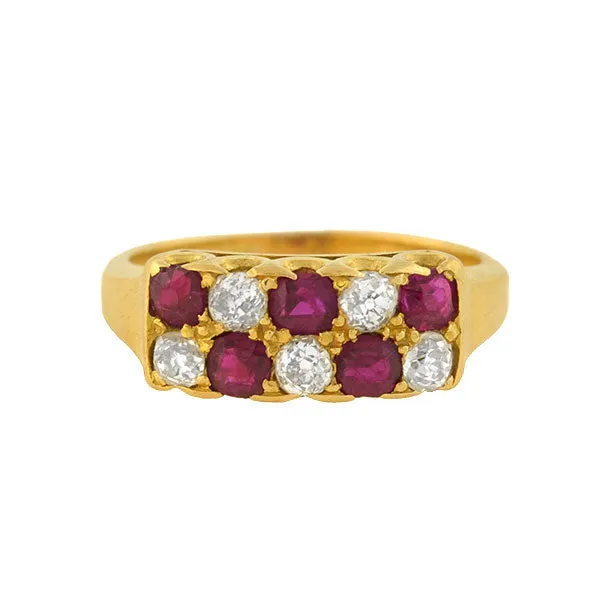 Retro 14kt Gold Alternating Ruby Diamond Ring