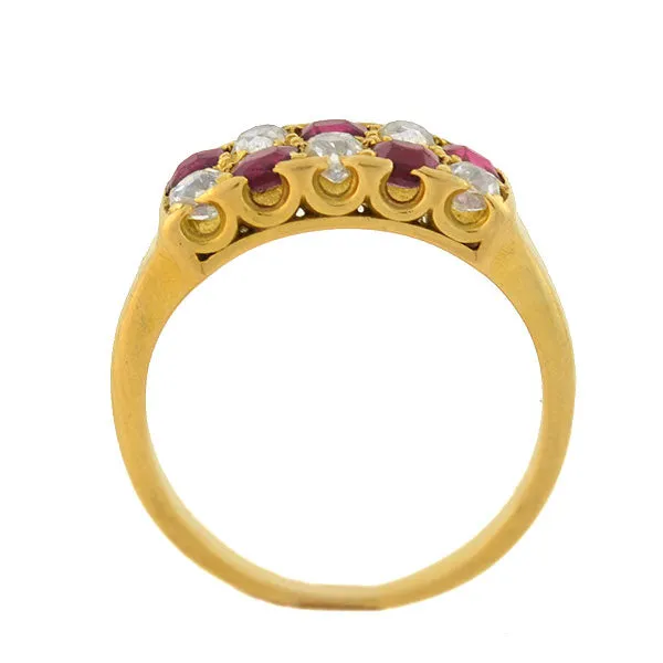 Retro 14kt Gold Alternating Ruby Diamond Ring