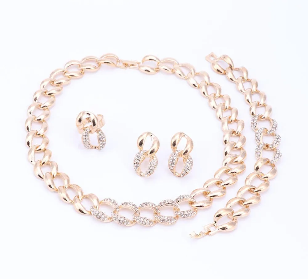 Rhinestone Link Chain Necklace, Bracelet, Earrings & Ring Wedding Statement Jewelry Set