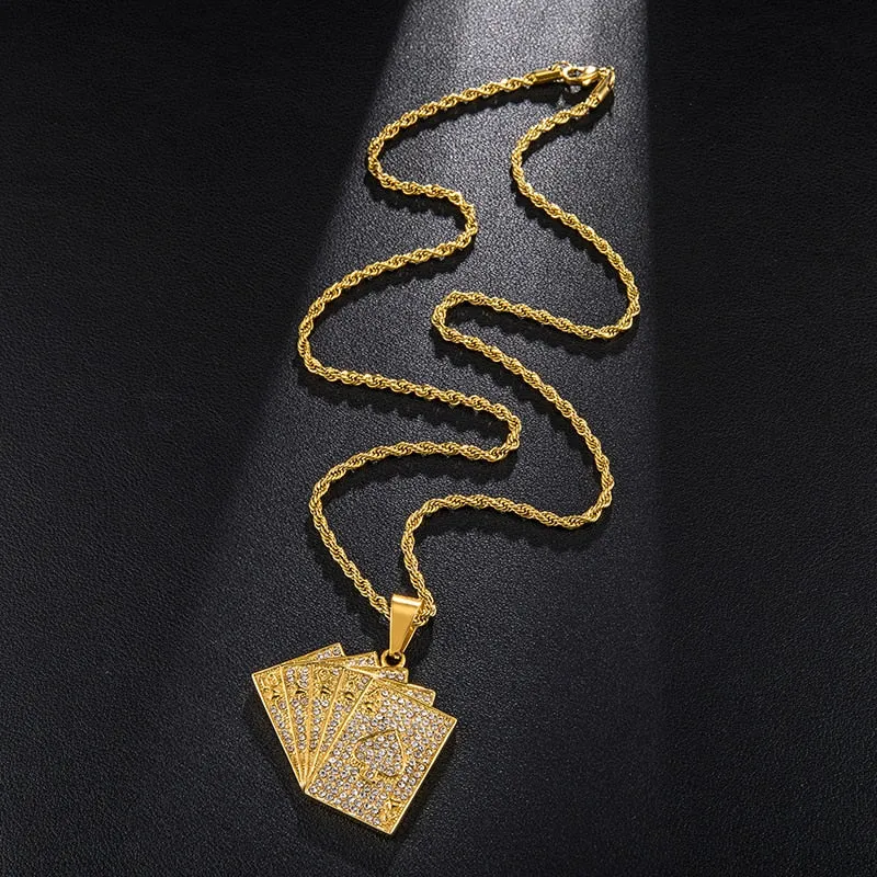 Rhinestone-Studded Gold-Plated Poker Cards Bling Stainless Steel Hip-hop Pendant Necklace