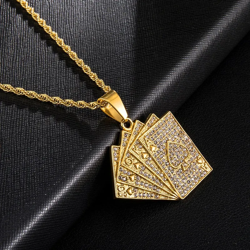 Rhinestone-Studded Gold-Plated Poker Cards Bling Stainless Steel Hip-hop Pendant Necklace