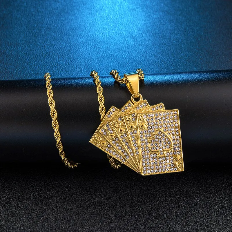 Rhinestone-Studded Gold-Plated Poker Cards Bling Stainless Steel Hip-hop Pendant Necklace