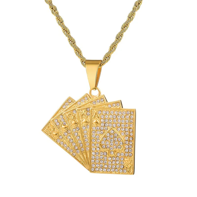 Rhinestone-Studded Gold-Plated Poker Cards Bling Stainless Steel Hip-hop Pendant Necklace