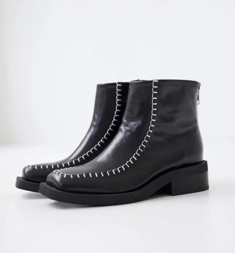 Rocket Square Toe Boots with Topstitch Detail | Black