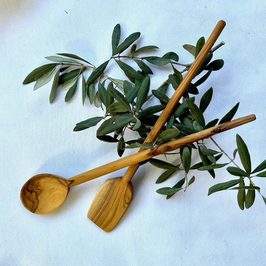 Set of 2 Olive Wood Spatula and Spoon on Skinny Handle