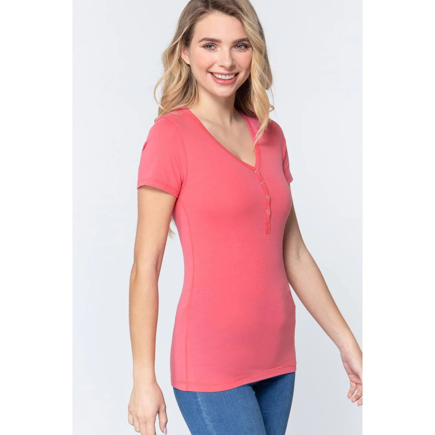 Short Slv V-neck Henley Knit Top