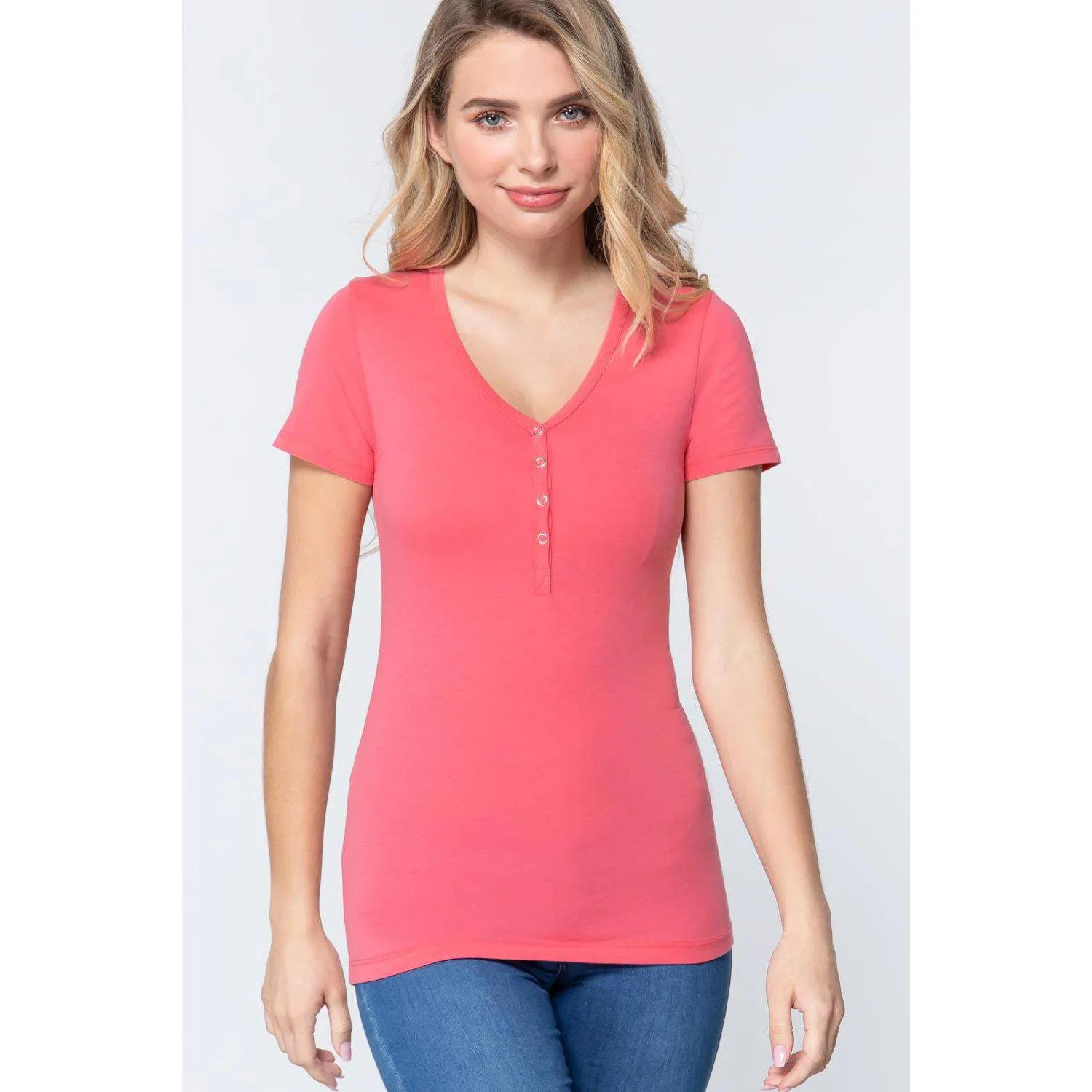 Short Slv V-neck Henley Knit Top