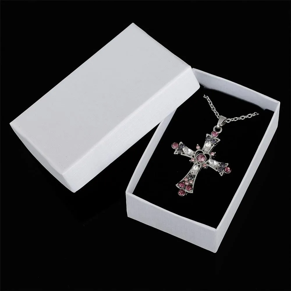 Silver Cross Pendant Necklace with Pink and Purple Crystals