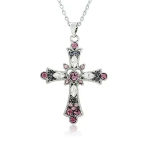 Silver Cross Pendant Necklace with Pink and Purple Crystals