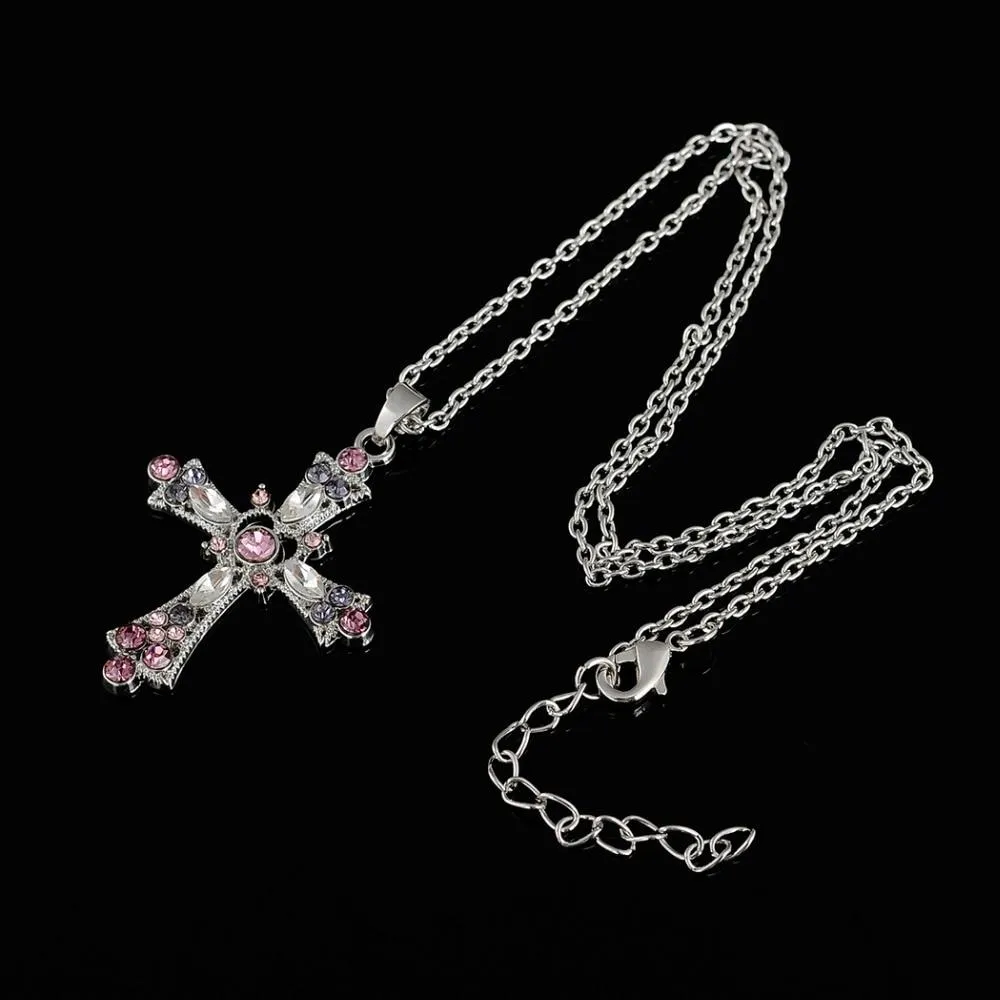 Silver Cross Pendant Necklace with Pink and Purple Crystals