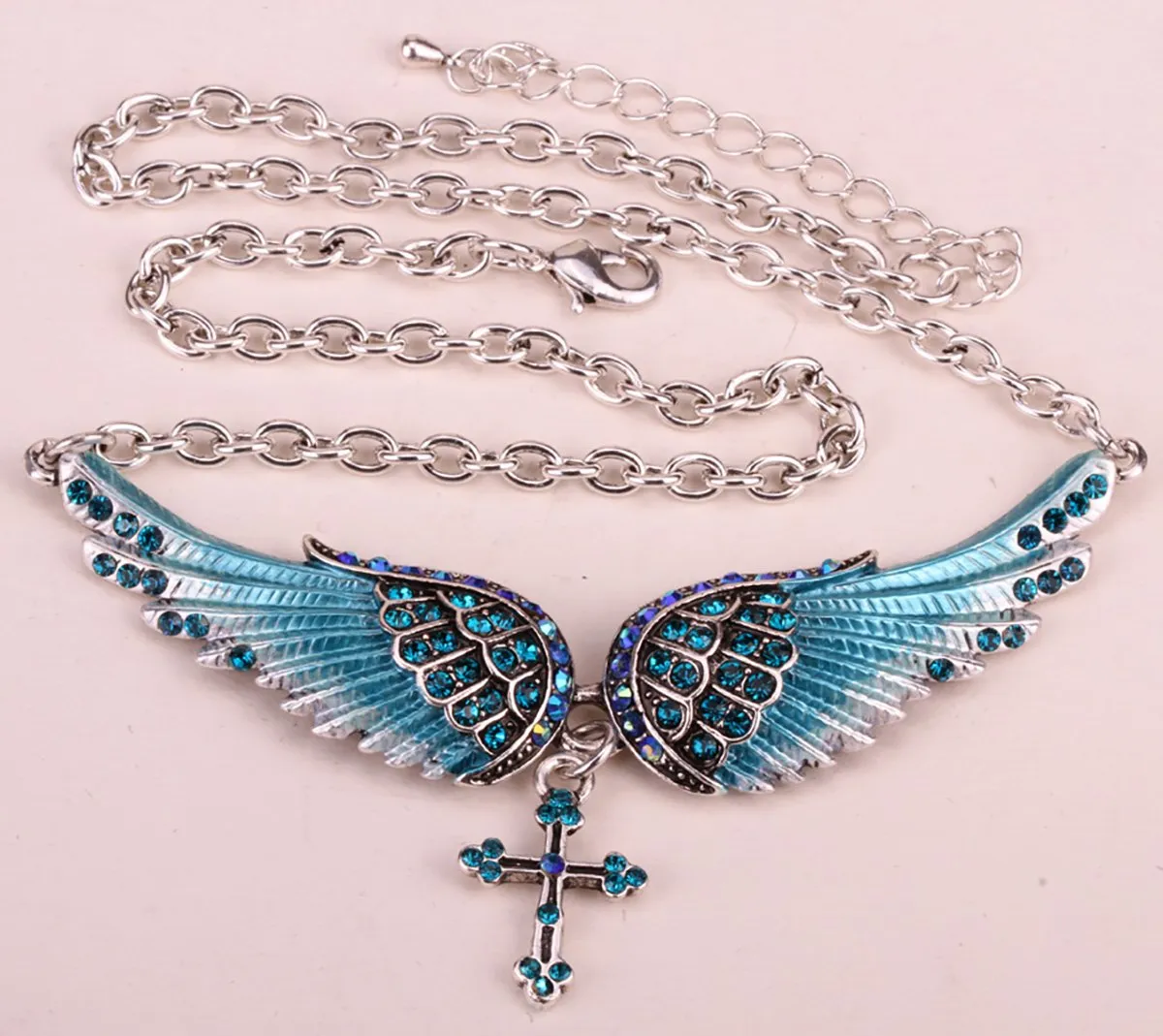 Silver Crystal Angelic Wing Cross Pendant Necklace