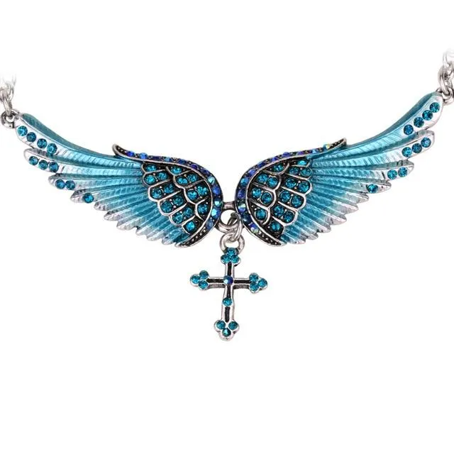 Silver Crystal Angelic Wing Cross Pendant Necklace