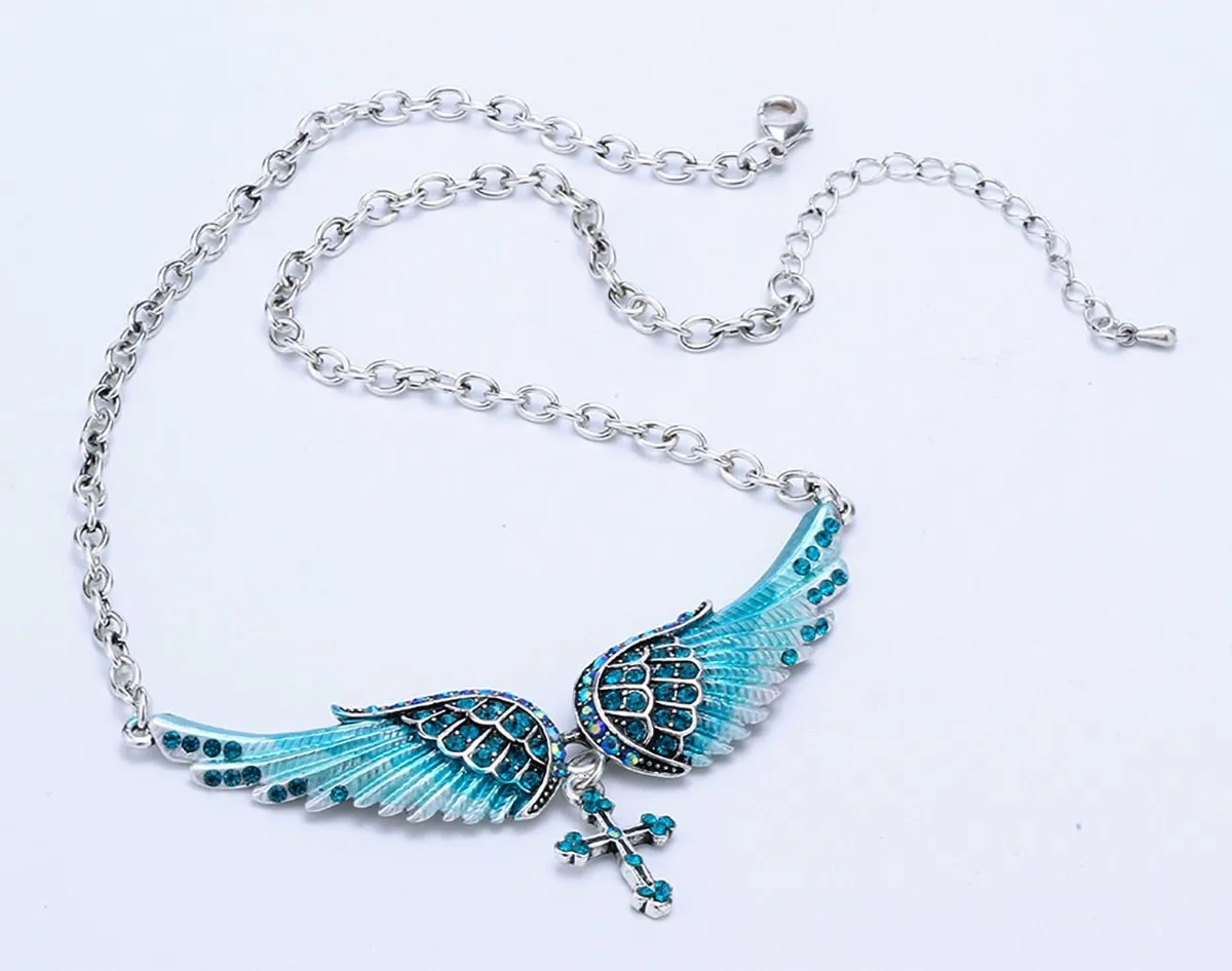 Silver Crystal Angelic Wing Cross Pendant Necklace