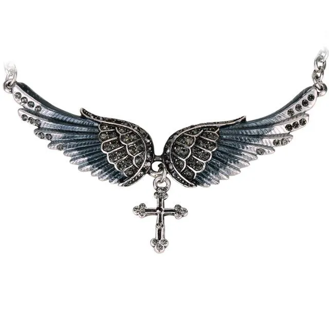 Silver Crystal Angelic Wing Cross Pendant Necklace