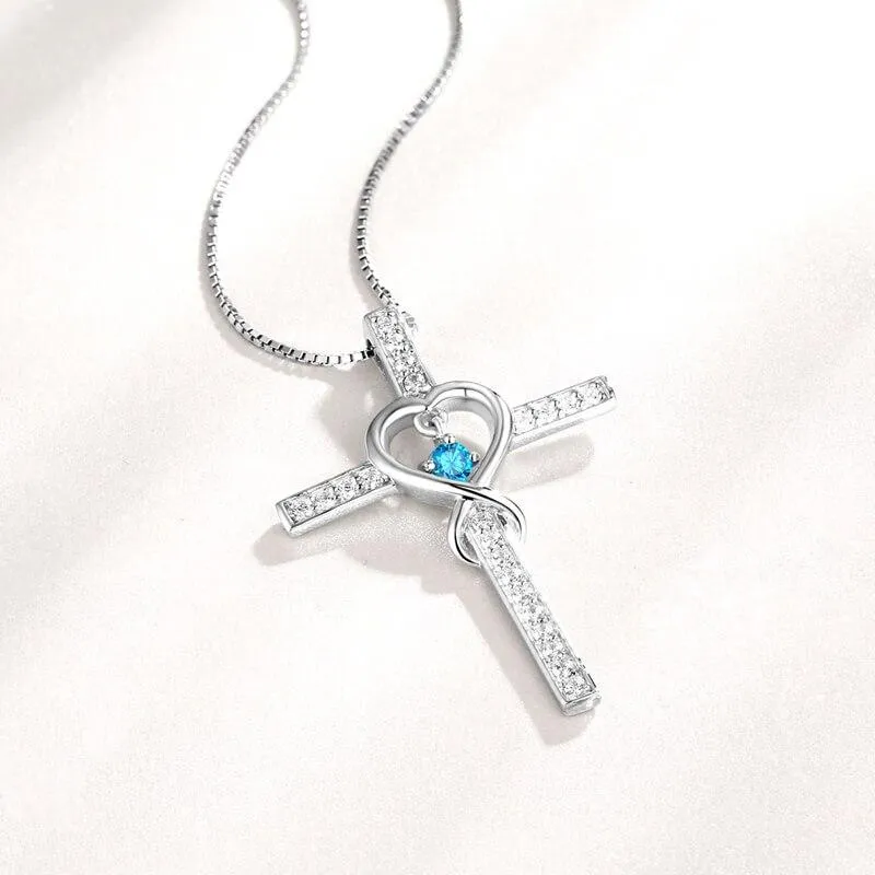 Silver Heart Infinity Symbol Cross Pendant with Crystals Necklace