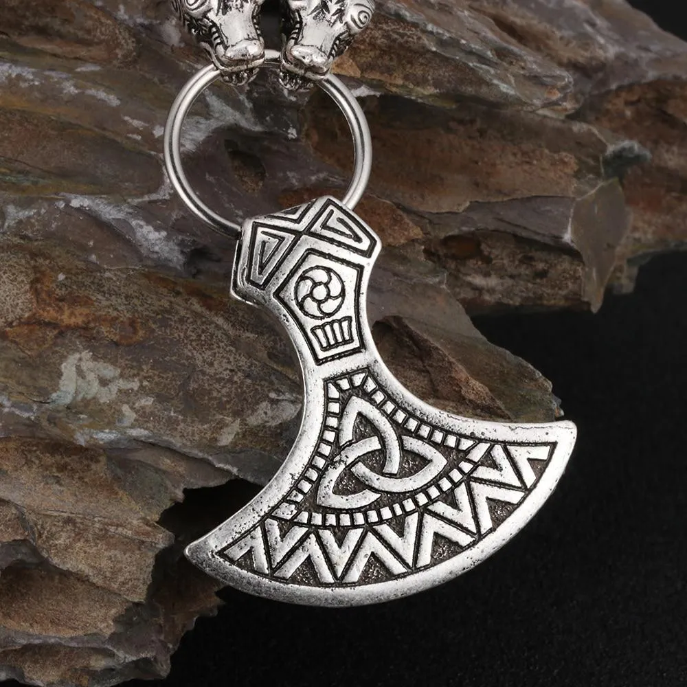 Silver Necklace with Wolf Head Links and Nordic Axe Pendant