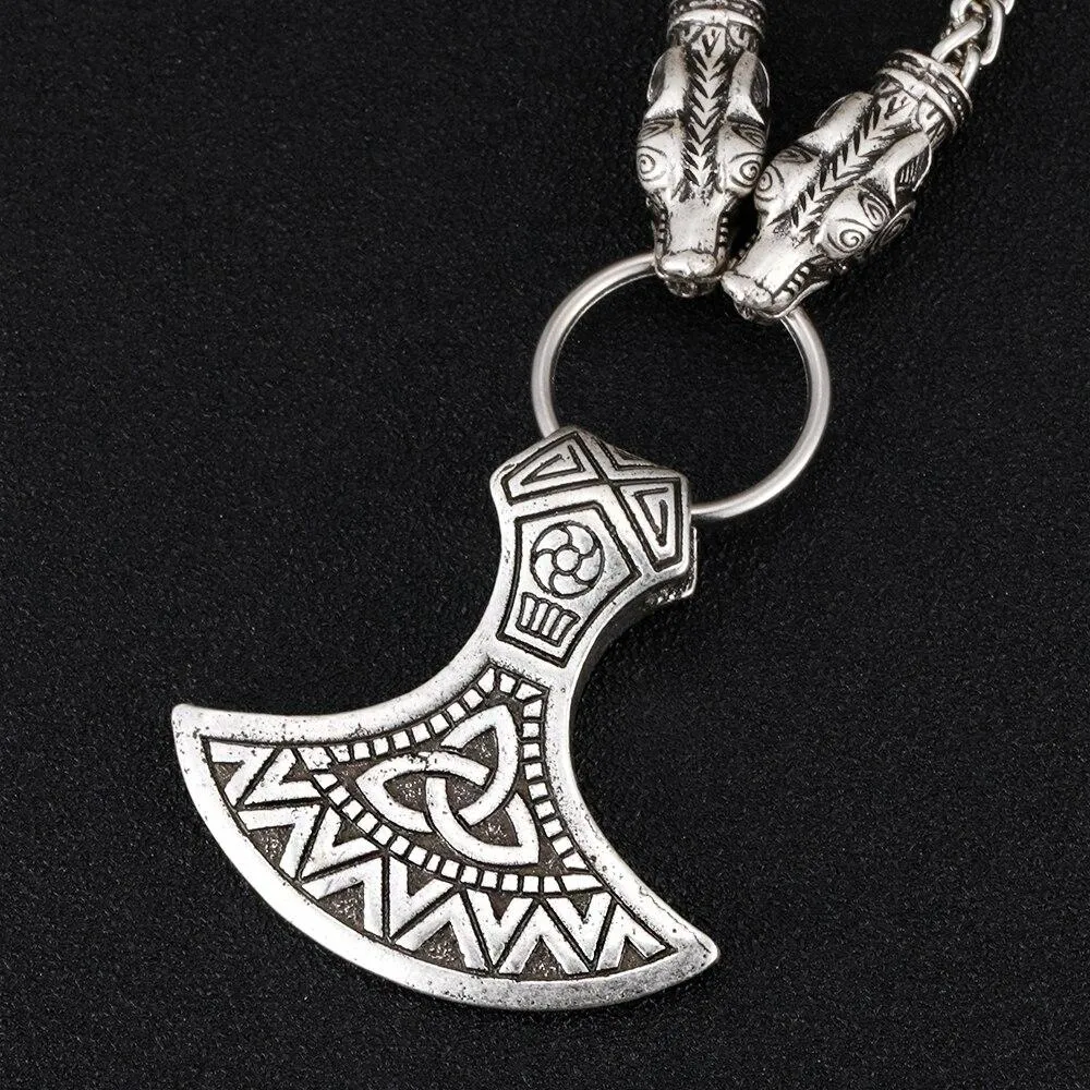 Silver Necklace with Wolf Head Links and Nordic Axe Pendant