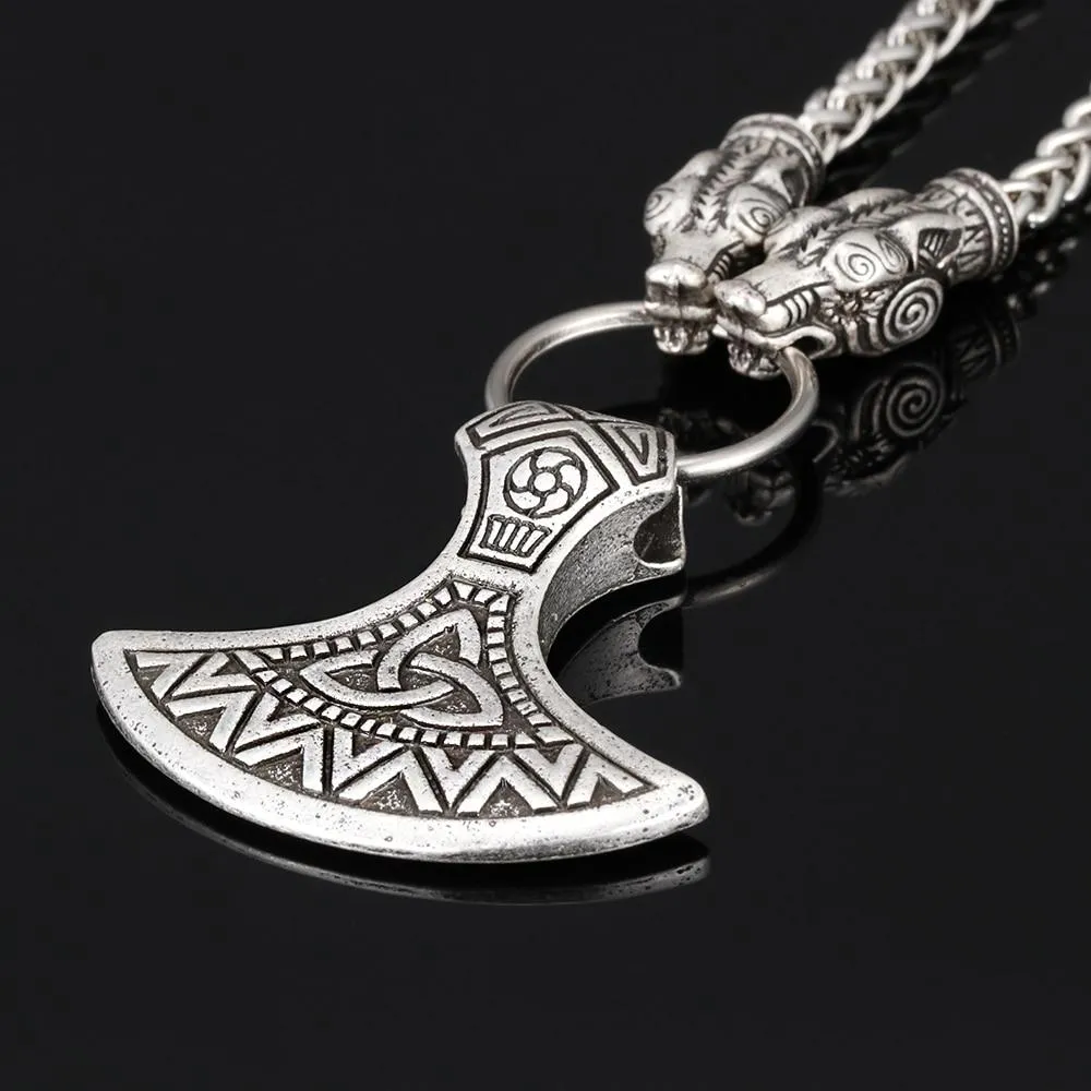 Silver Necklace with Wolf Head Links and Nordic Axe Pendant