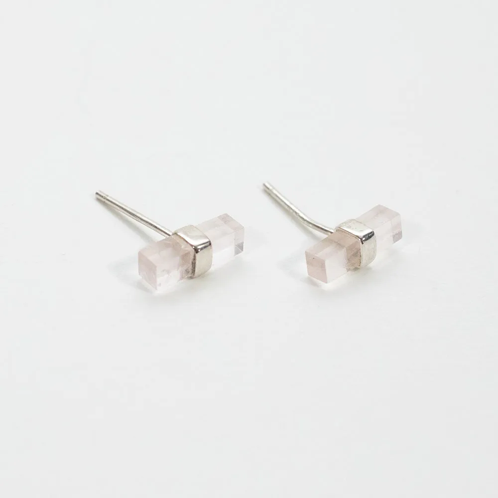 Silver Wrap Rectangle Rose Quartz Studs