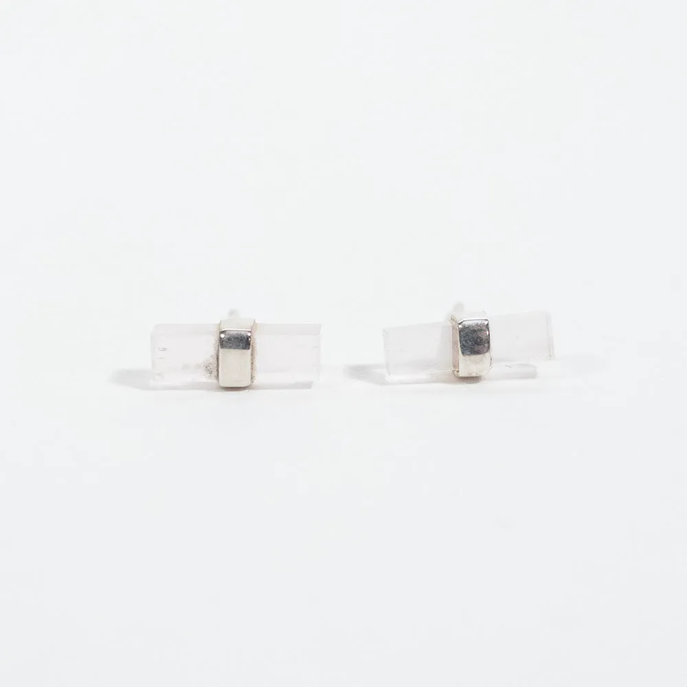 Silver Wrap Rectangle Rose Quartz Studs