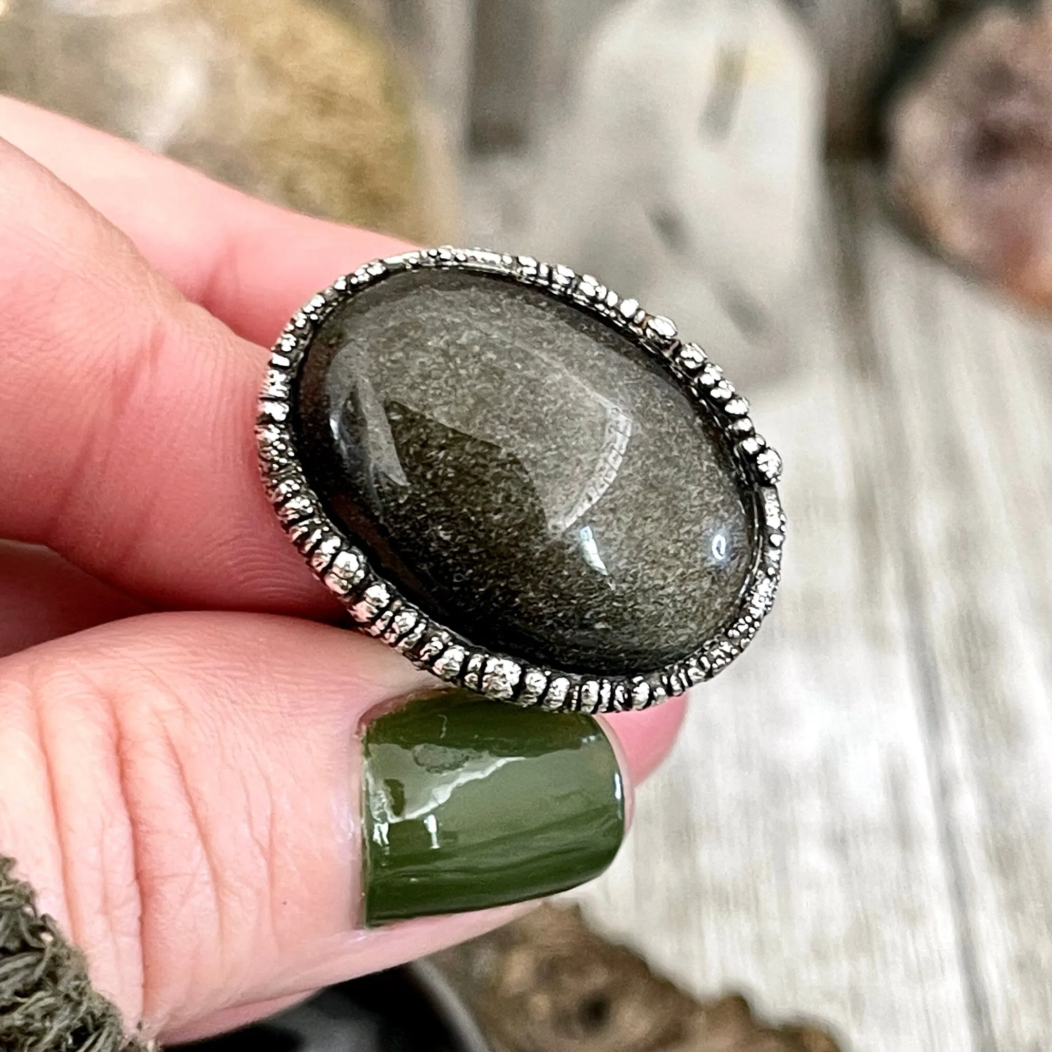 Size 6.5 Golden Sheen Obsidian Statement Ring in Fine Silver /  Foxlark Collection - One of a Kind