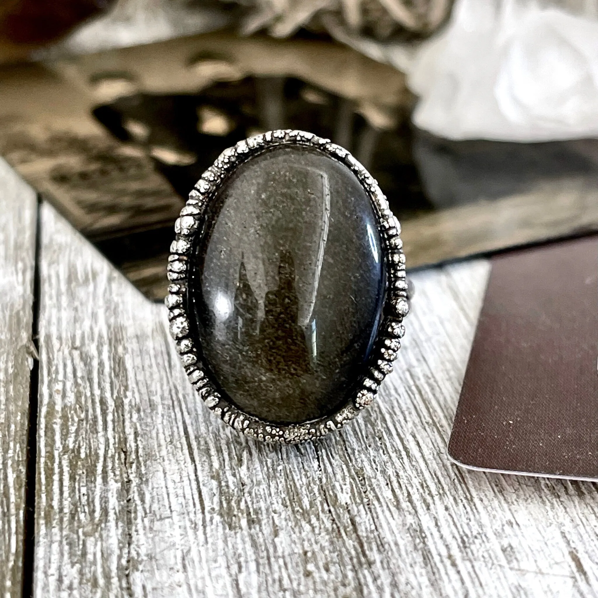 Size 6.5 Golden Sheen Obsidian Statement Ring in Fine Silver /  Foxlark Collection - One of a Kind