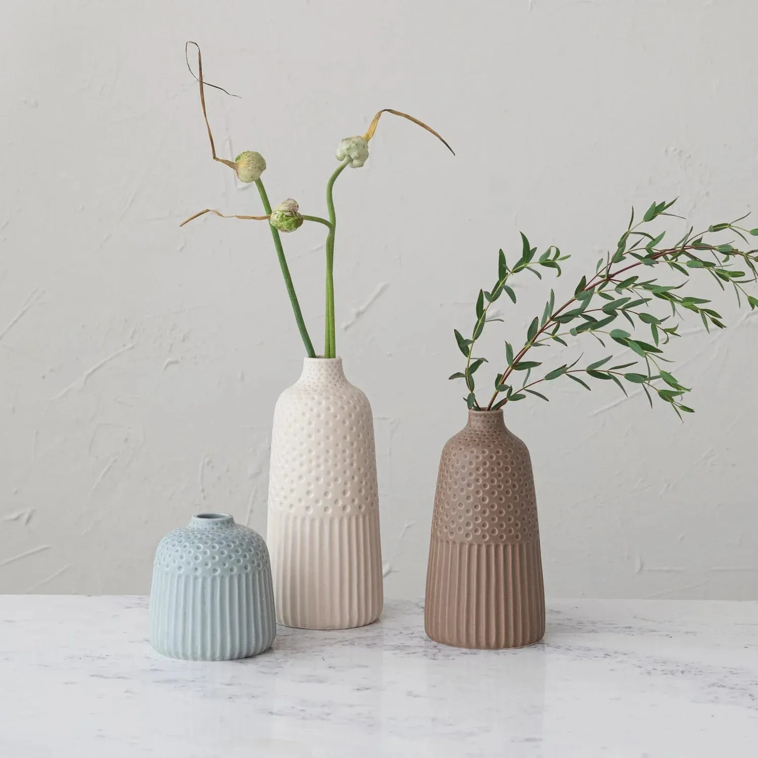 Small Debossed Stoneware Vase - Light Blue