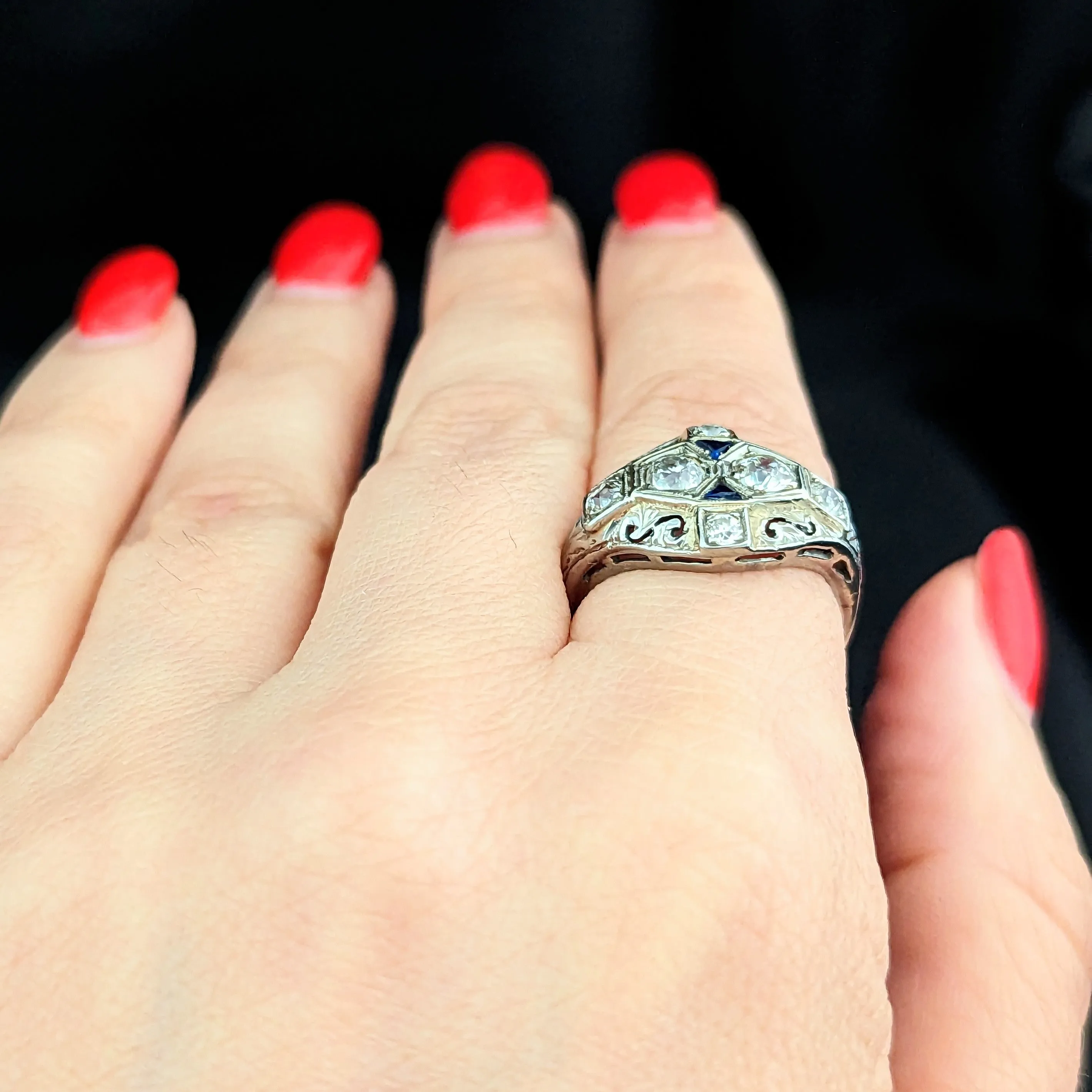 The Nice - Art Deco Era Old Cut Diamond Sapphire Gold Cocktail Ring