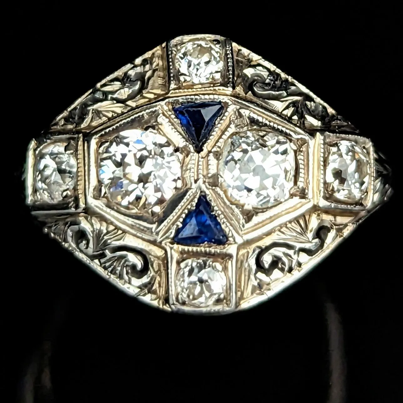 The Nice - Art Deco Era Old Cut Diamond Sapphire Gold Cocktail Ring